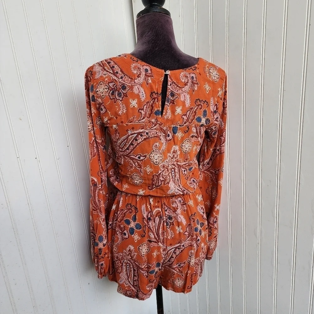 Abercrombie & Fitch Women's Paisley Romper Orange Long Sleeves Lace Up XS